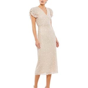 MAC DUGGAL 
EMBELLISHED RUFFLE CAP SLEEVE V-NECK MIDI DRESS — Oyster — SIZE 4